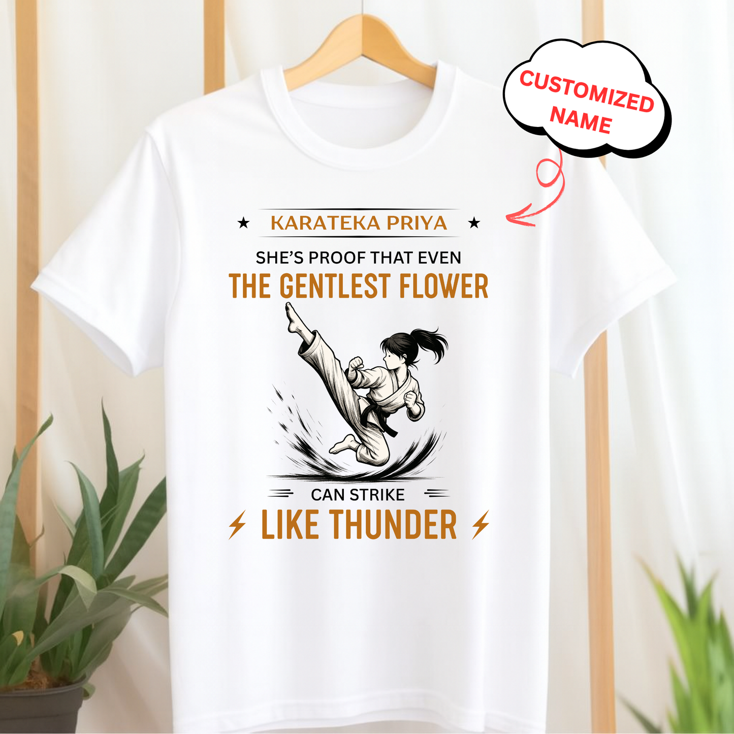 CUSTOMIZED-SHE'S PROOF THAT EVEN THE GENTLEST FLOWER CAN STRIKE LIKE THUNDER (KARATE)-KIDS T-SHIRT