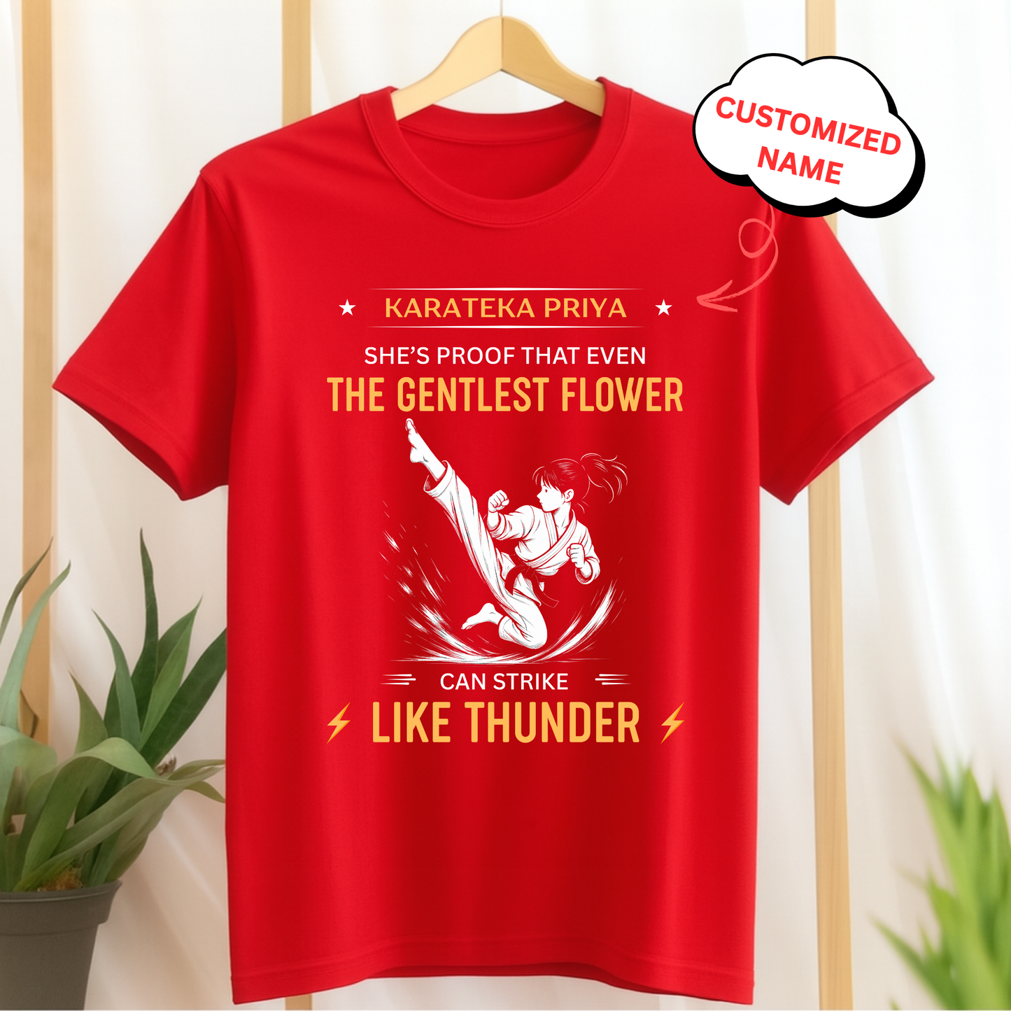 CUSTOMIZED-SHE'S PROOF THAT EVEN THE GENTLEST FLOWER CAN STRIKE LIKE THUNDER (KARATE)-KIDS T-SHIRT