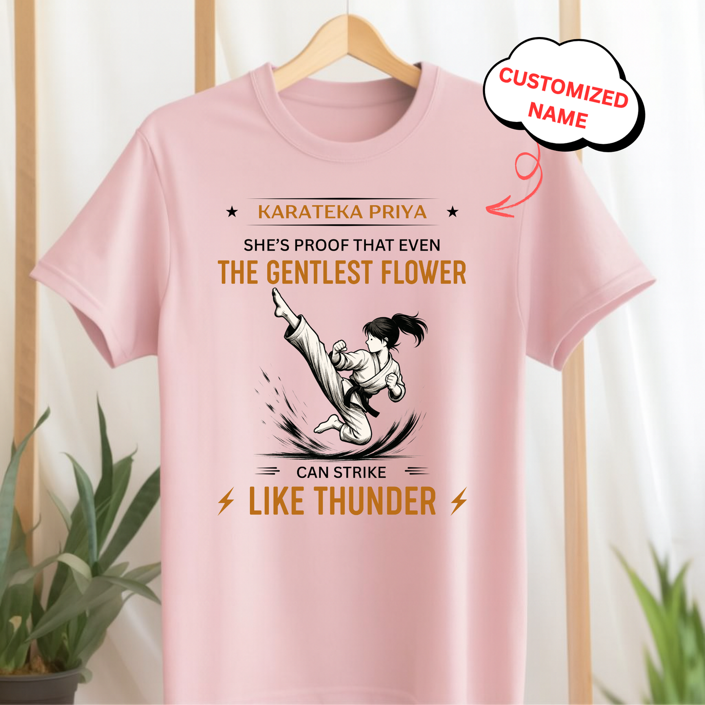CUSTOMIZED-SHE'S PROOF THAT EVEN THE GENTLEST FLOWER CAN STRIKE LIKE THUNDER (KARATE)-KIDS T-SHIRT