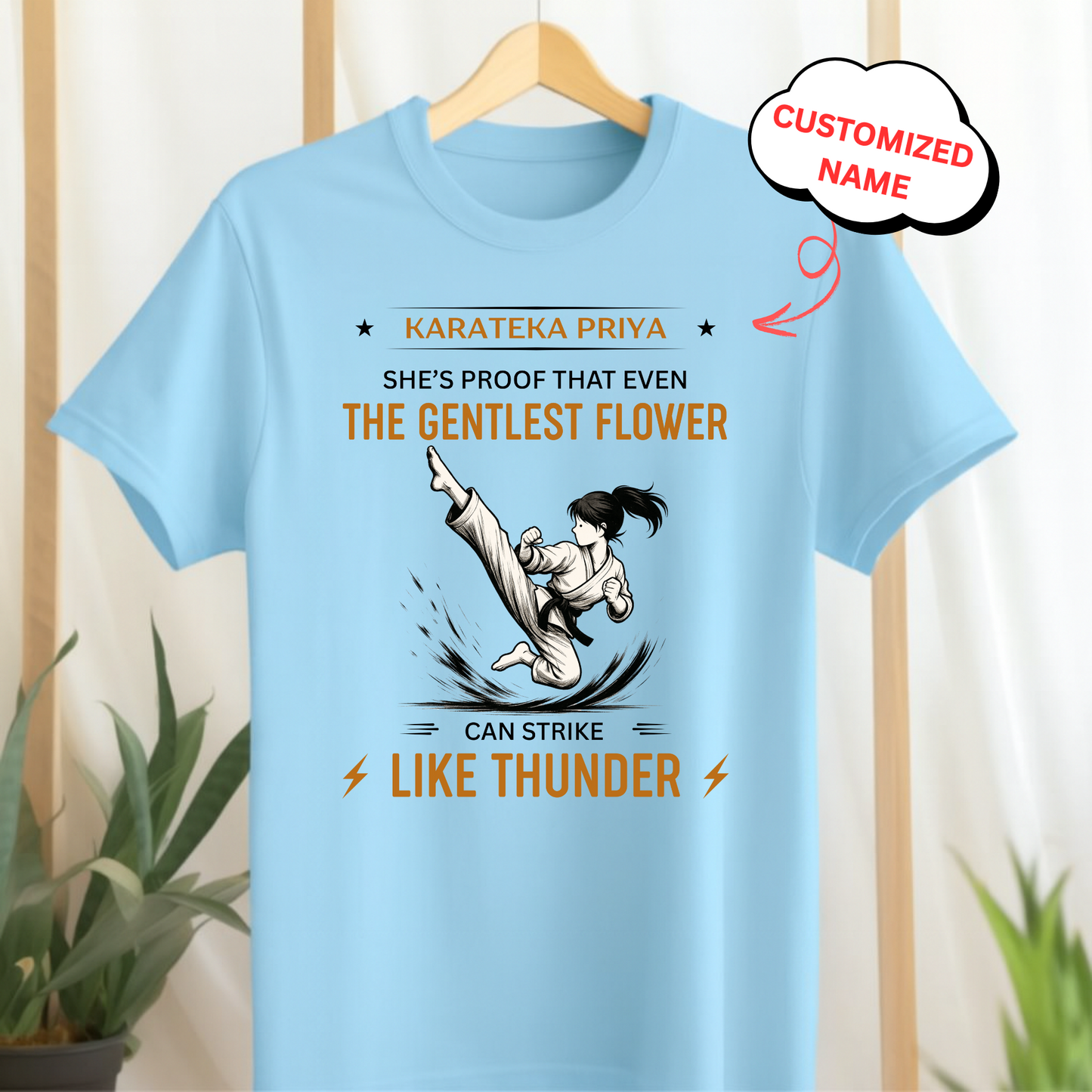 CUSTOMIZED-SHE'S PROOF THAT EVEN THE GENTLEST FLOWER CAN STRIKE LIKE THUNDER (KARATE)-KIDS T-SHIRT