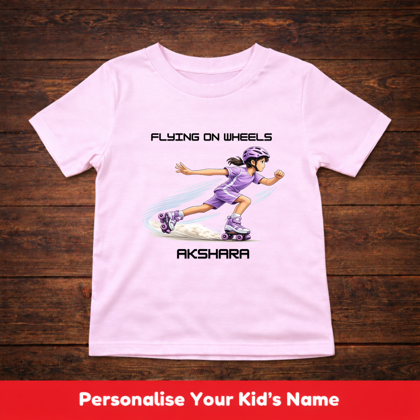 CUSTOMIZED-FLYING ON WHEELS (SKATES)-GIRL KIDS T-SHIRT