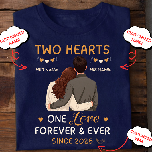 CUSTOMIZED UNISEX T-SHIRT- TWO HEARTS ONE LOVE FOREVER & EVER