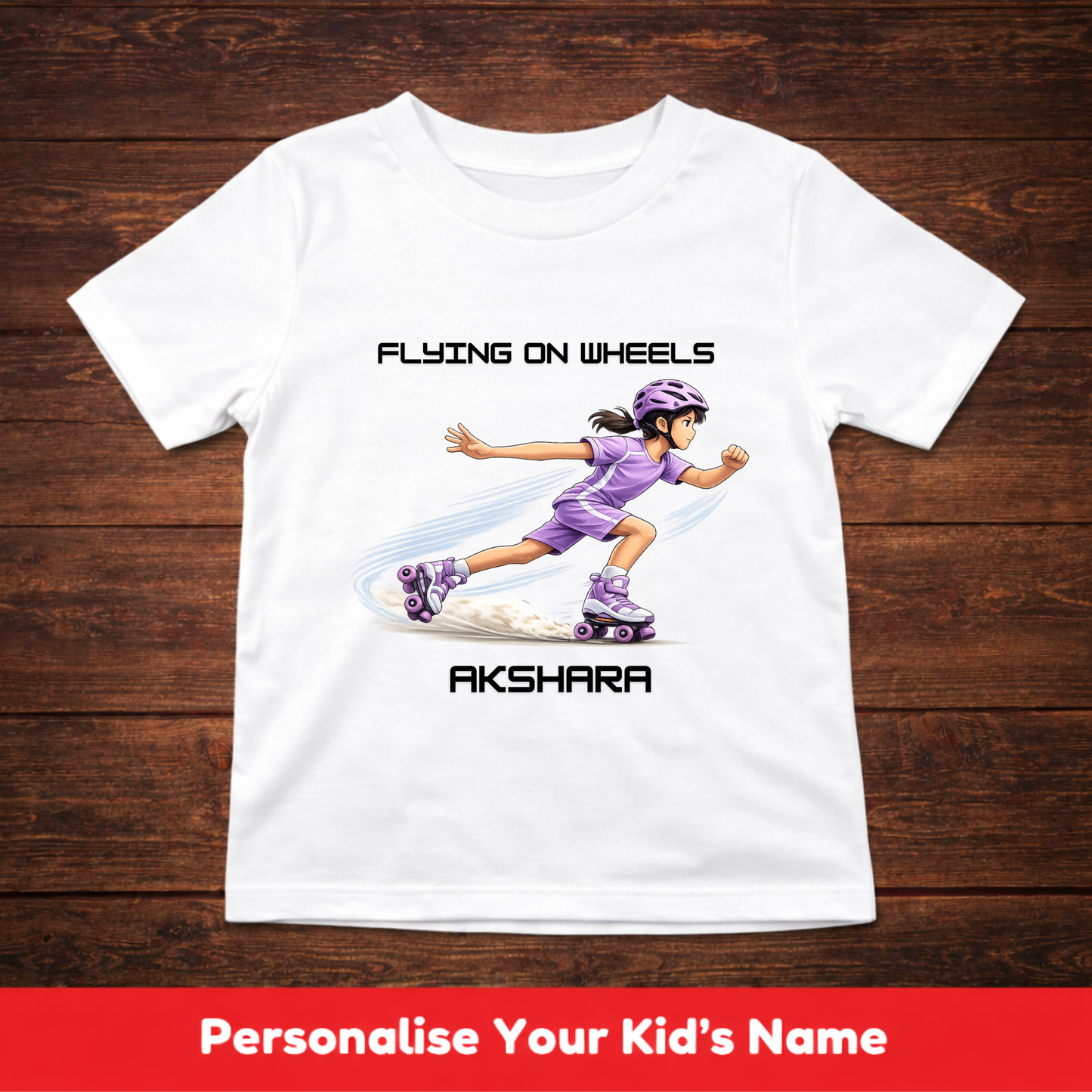 CUSTOMIZED-FLYING ON WHEELS (SKATES)-GIRL KIDS T-SHIRT