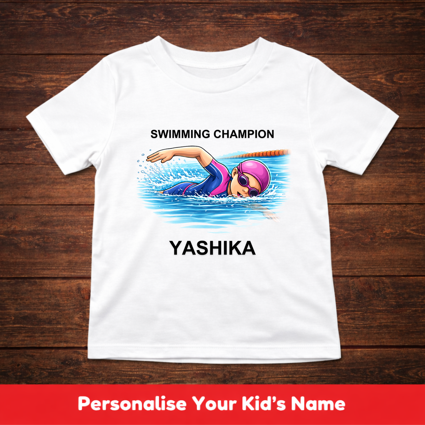 CUSTOMIZED-SWIMMING CHAMPION GIRL KIDS T-SHIRT